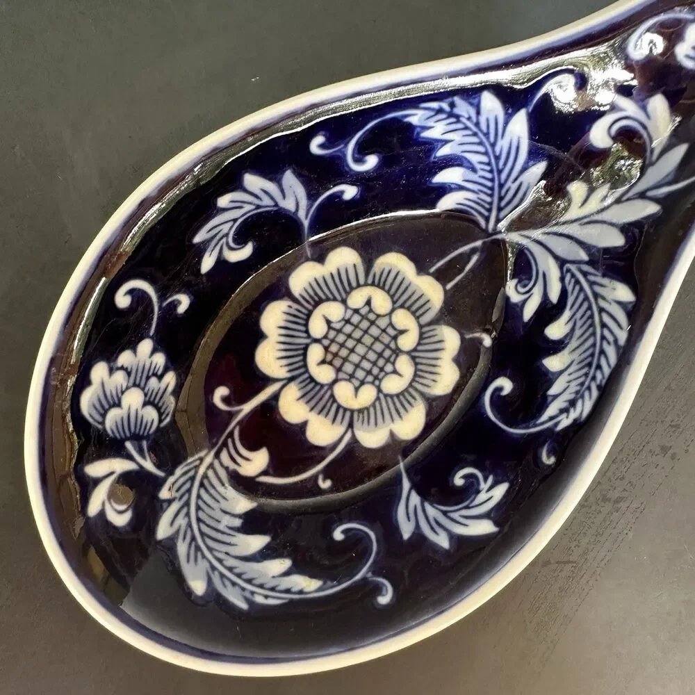 Vintage Pier 1 Blue White Ceramic Spoon Rest Floral Porcelain Kitchen Counter